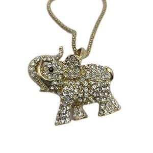 Gold Tone Crystal Elephant Pendant Necklace 34" Chain Reversable JTV Hearts